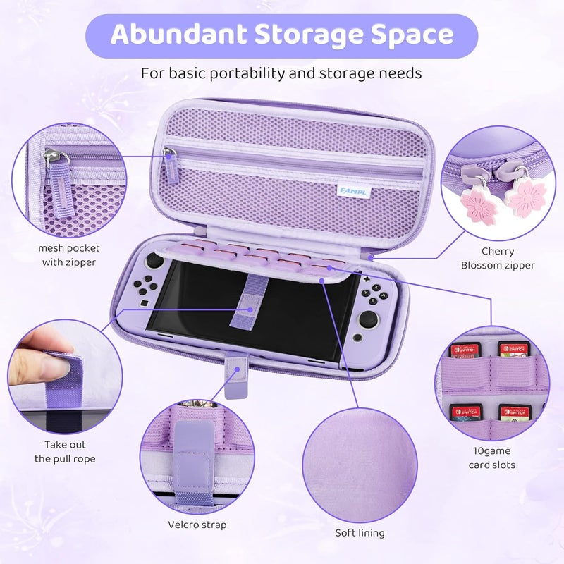F'DIARY Purple Travel Carrying Case for Nintendo Switch OLED with Sakura Design Portable Accessories Kit with Slim Storage Bag, Dockable PC Skin Case, Screen Protector, Shoulder Strap & 4 Thumb Caps - Image 3
